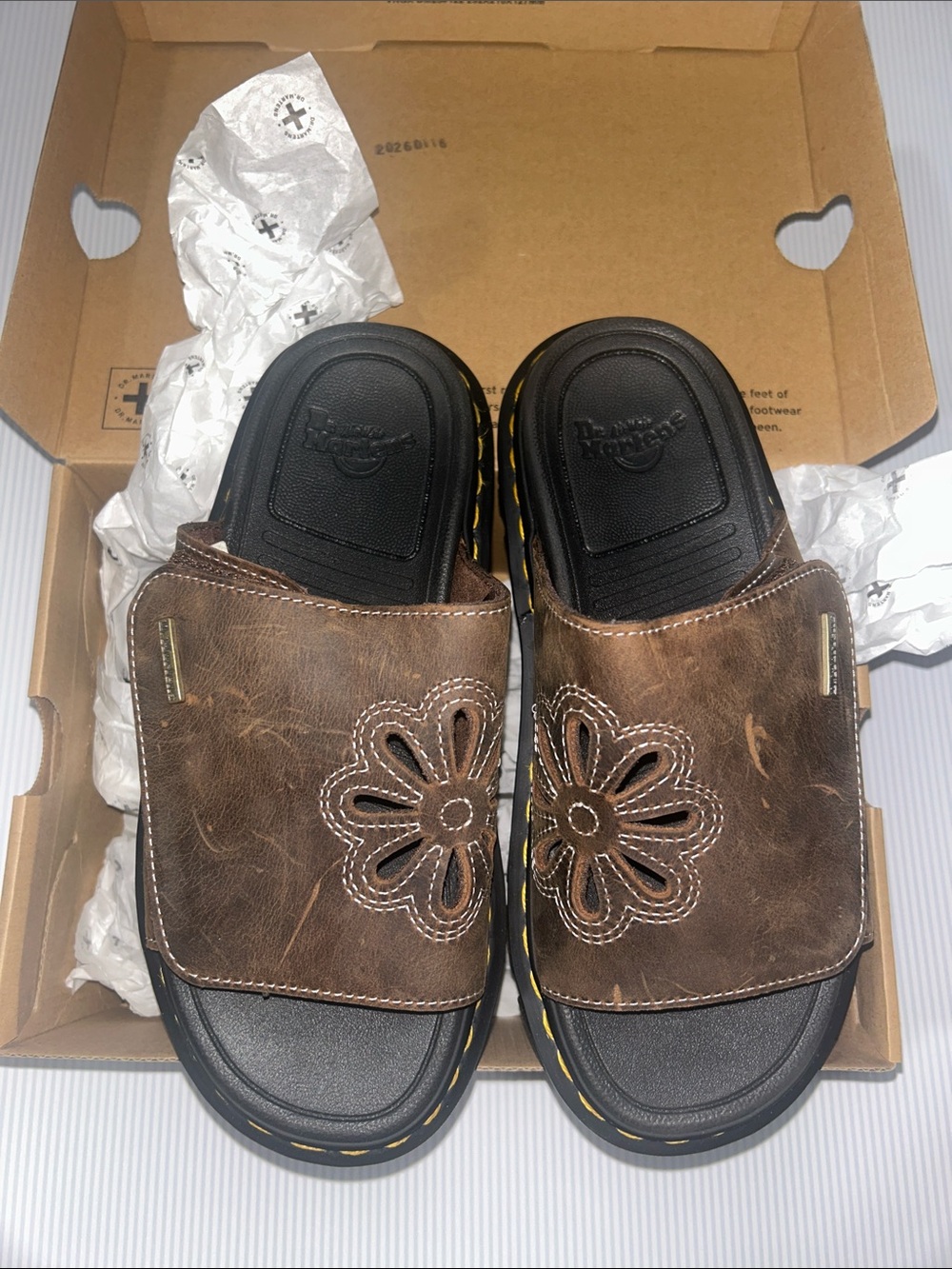 Dr. Martens Women’s Brown Leather Slide Sandals with Floral Stitch Cutout